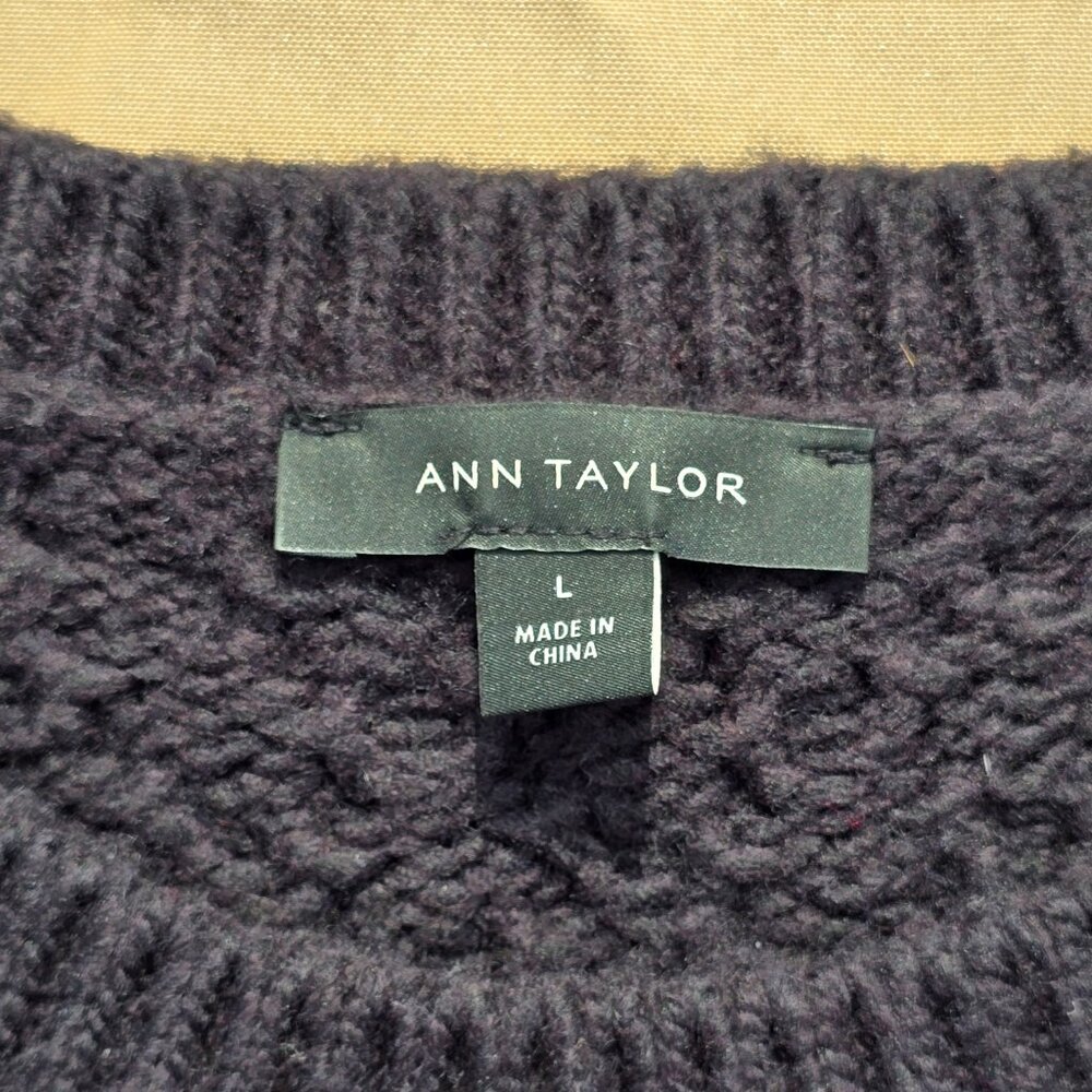 Ann Taylor Black cableknit Sweater with Rhinestone Floral Accent, size L, EUC - Picture 6 of 9